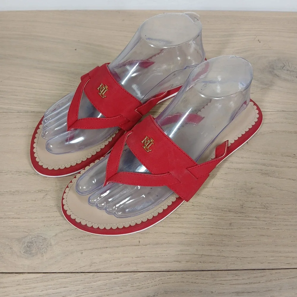 Lauren Ralph Lauren Sandals Womens 9B Red Leather Thong Comfort Casual